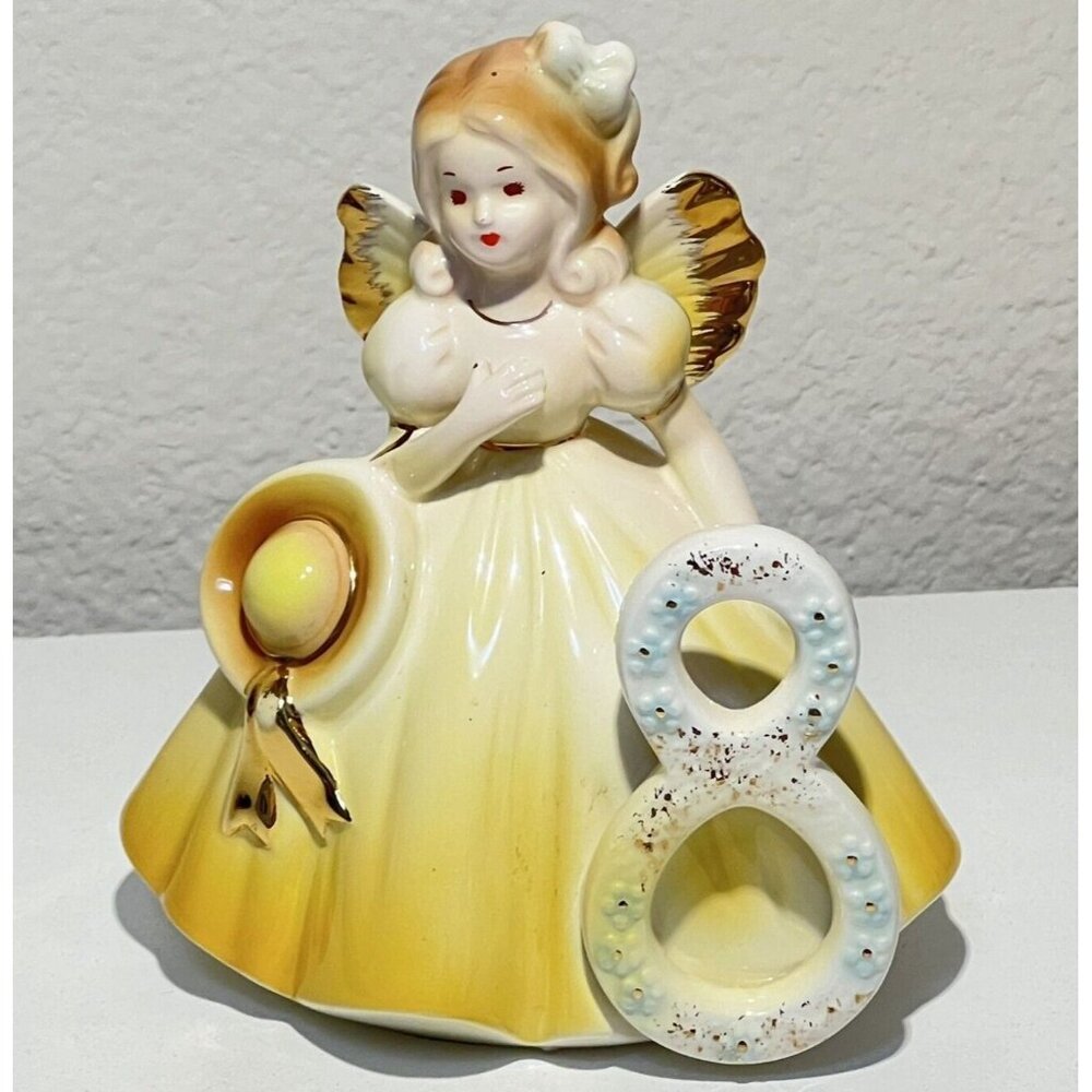 Vintage Josef Originals 8 Birthday Angel Girl Porcelain Figurine Sticker Mint